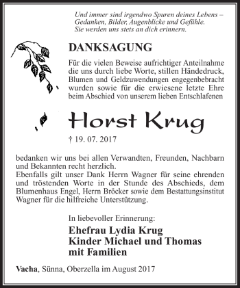 Traueranzeige von Horst Krug von Südthüringer Presse
