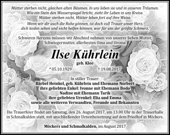 Traueranzeige von Ilse Kührlein von Südthüringer Presse