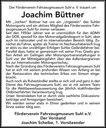 Traueranzeige von Joachim Büttner von Südthüringer Presse