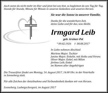 Traueranzeige von Irmgard Leib von Südthüringer Presse