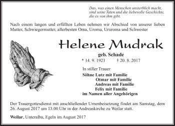 Traueranzeige von Helene Mudrak von Südthüringer Presse
