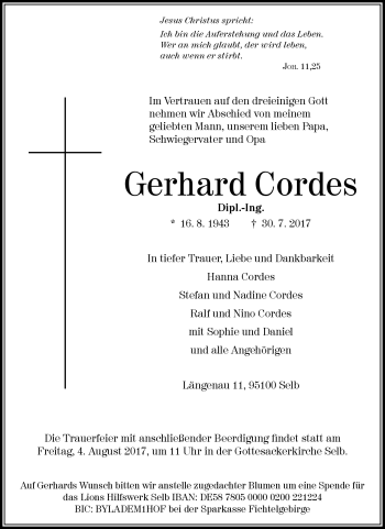 Traueranzeige von Gerhard Cordes von Frankenpost