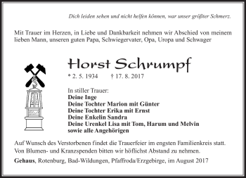 Traueranzeige von Horst Schrumpf von Südthüringer Presse