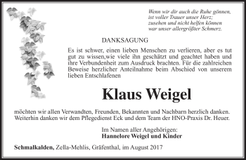 Traueranzeige von Klaus Weigel von Südthüringer Presse