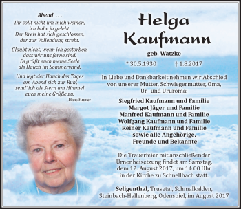 Traueranzeige von Helga Kaufmann von Südthüringer Presse