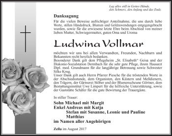 Traueranzeige von Ludwina Vollmar von Südthüringer Presse