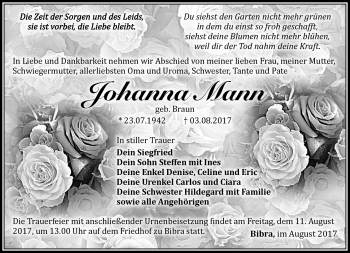 Traueranzeige von Johanna Mann von Südthüringer Presse