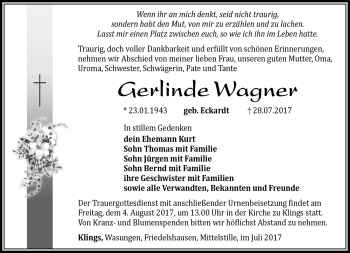 Traueranzeige von Gerlinde Wagner von Südthüringer Presse