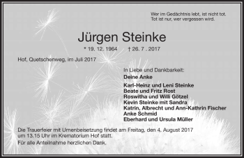 Traueranzeige von Jürgen Steinke von Frankenpost