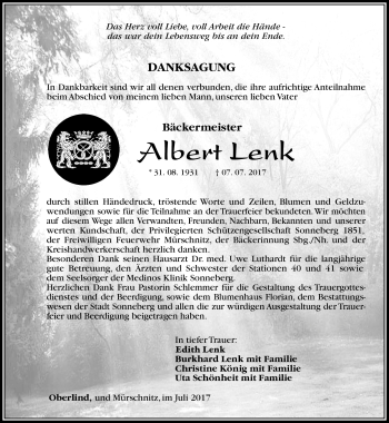 Traueranzeige von Albert Lenk von Südthüringer Presse