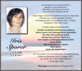 Traueranzeige von Iris Sporer von Südthüringer Presse