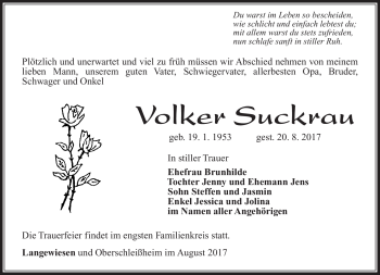 Traueranzeige von Volker Suckrau von Südthüringer Presse