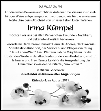 Traueranzeige von Irma Kümpel von Südthüringer Presse