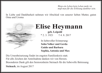 Traueranzeige von Elise Heymann von Südthüringer Presse