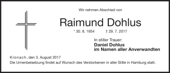 Traueranzeige von Raimund Dohlus von Neue Presse Coburg