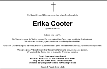 Traueranzeige von Erika Cooter von Frankenpost