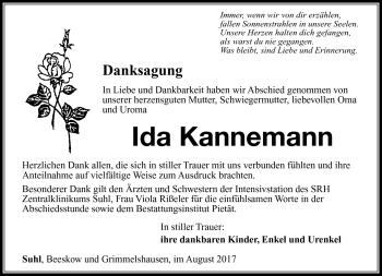Traueranzeige von Ida Kannemann von Südthüringer Presse