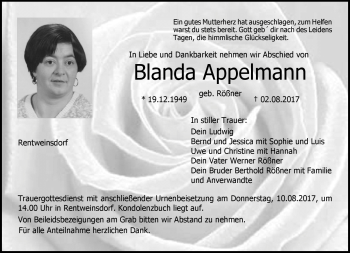 Traueranzeige von Balnda Appelmann von Neue Presse Coburg