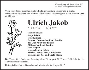 Traueranzeige von Ulrich Jakob von Südthüringer Presse
