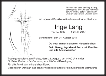 Traueranzeige von Inge Lang von Frankenpost