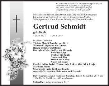 Traueranzeige von Gertrud Schmidt von Südthüringer Presse