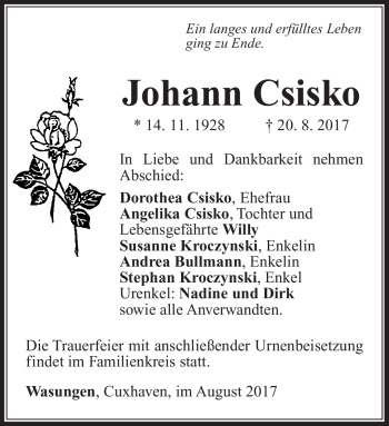 Traueranzeige von Johann Csisko von Südthüringer Presse
