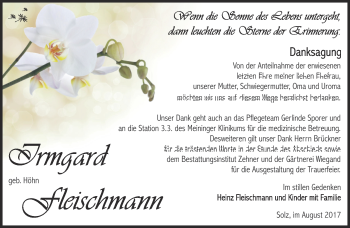 Traueranzeige von Irmgard Fleischmann von Südthüringer Presse