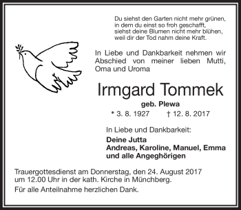 Traueranzeige von Irmgard Tommek von Frankenpost