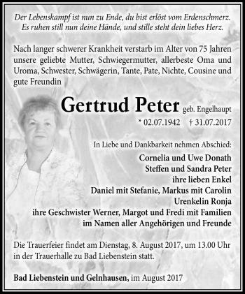 Traueranzeige von Gertrud Peter von Südthüringer Presse