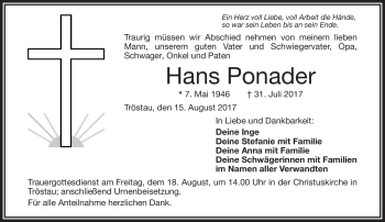 Traueranzeige von Hans Ponader von Frankenpost