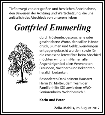 Traueranzeige von Gottfried Emmerling von Südthüringer Presse