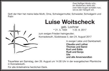 Traueranzeige von Luise Woitscheck von Frankenpost