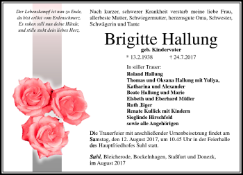 Traueranzeige von Brigitte Hallung von Südthüringer Presse