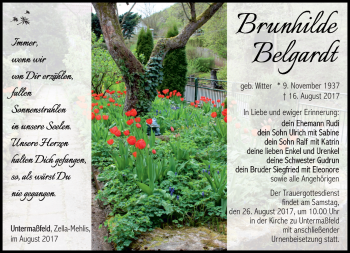 Traueranzeige von Brunhilde Belgradt von Südthüringer Presse