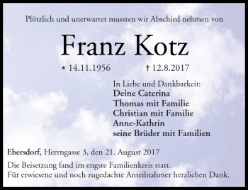 Traueranzeige von Franz Kotz von Neue Presse Coburg