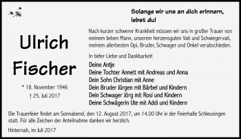 Traueranzeige von Ulrich Fischer von Südthüringer Presse