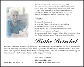 Traueranzeige von Käthe Hetschel von Südthüringer Presse