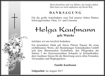 Traueranzeige von Helga Kaufmann von Südthüringer Presse