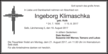 Traueranzeige von Ingeborg Klimaschka von Frankenpost