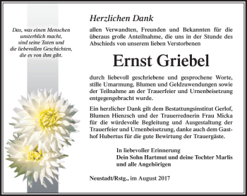 Traueranzeige von Ernst Griebel von Südthüringer Presse