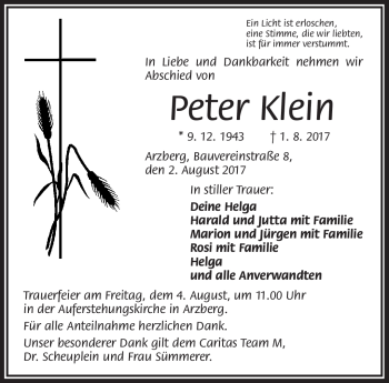 Traueranzeige von Peter Klein von Frankenpost