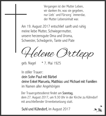 Traueranzeige von Helene Ortlepp von Südthüringer Presse