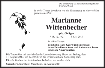 Traueranzeige von Marianne Wittenbecher von Südthüringer Presse