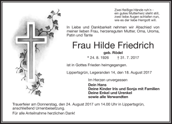 Traueranzeige von Hilde Friedrich von Frankenpost