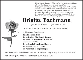 Traueranzeige von Brigitte Bachmann von Südthüringer Presse