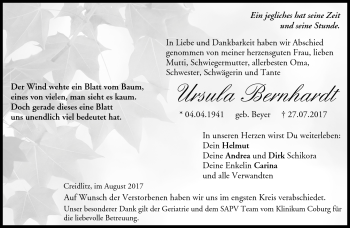 Traueranzeige von Ursula Bernhardt von Neue Presse Coburg