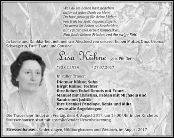 Traueranzeige von Lisa Kühne von Südthüringer Presse