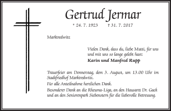 Traueranzeige von Gertrud Jermar von Frankenpost