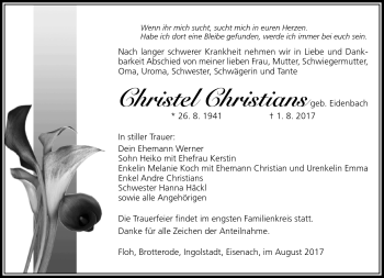 Traueranzeige von Christel Christians von Südthüringer Presse