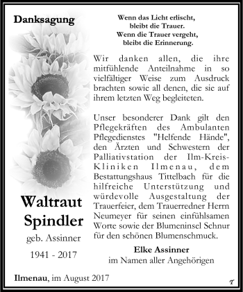 Traueranzeige von Waltraut Spindler von Südthüringer Presse